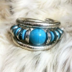 Vintage Silver Snake Bracelet with Turquoise Beads – Adjustable Statement Piece
